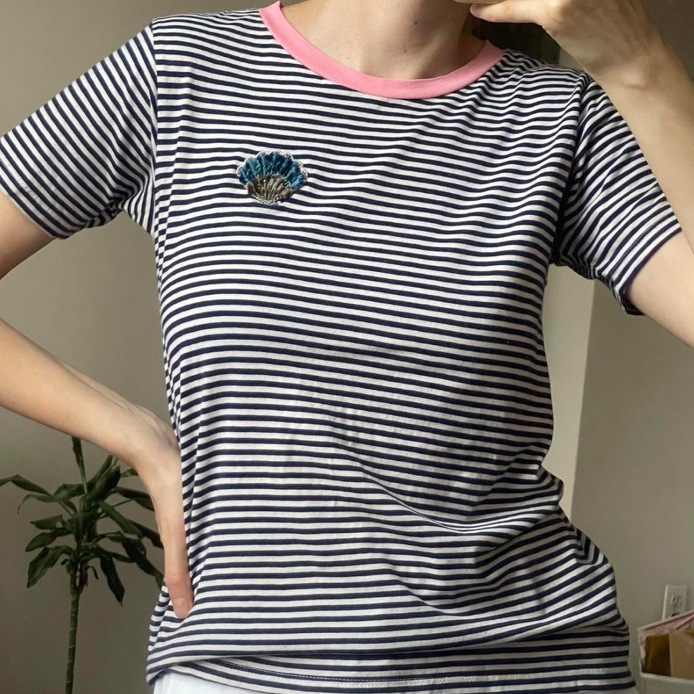 J. Crew Navy and White Striped Tee with Pink Trim and Shell Patch